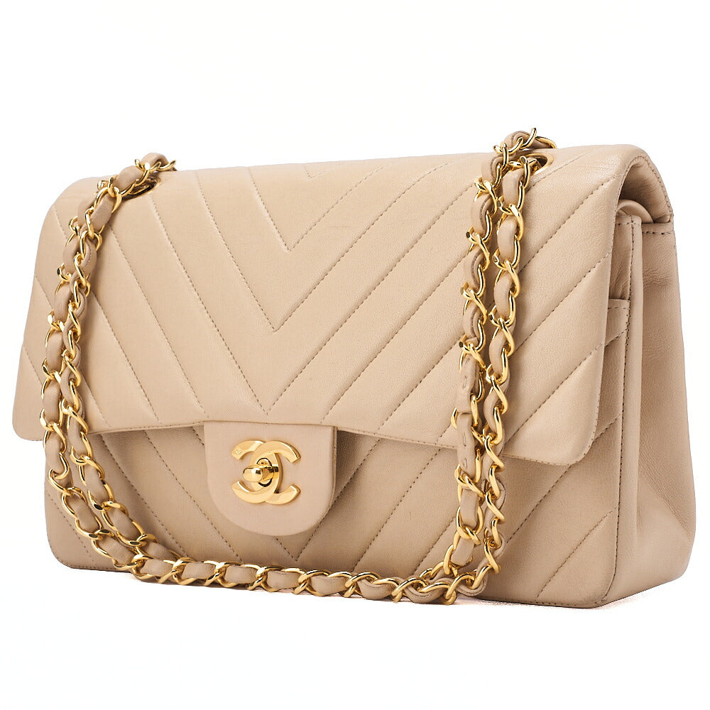 CHANEL Lambskin V Stitch W Flap 25cm Chain Shoulder Beige Gold-Tone Hardware, Pre-Owned