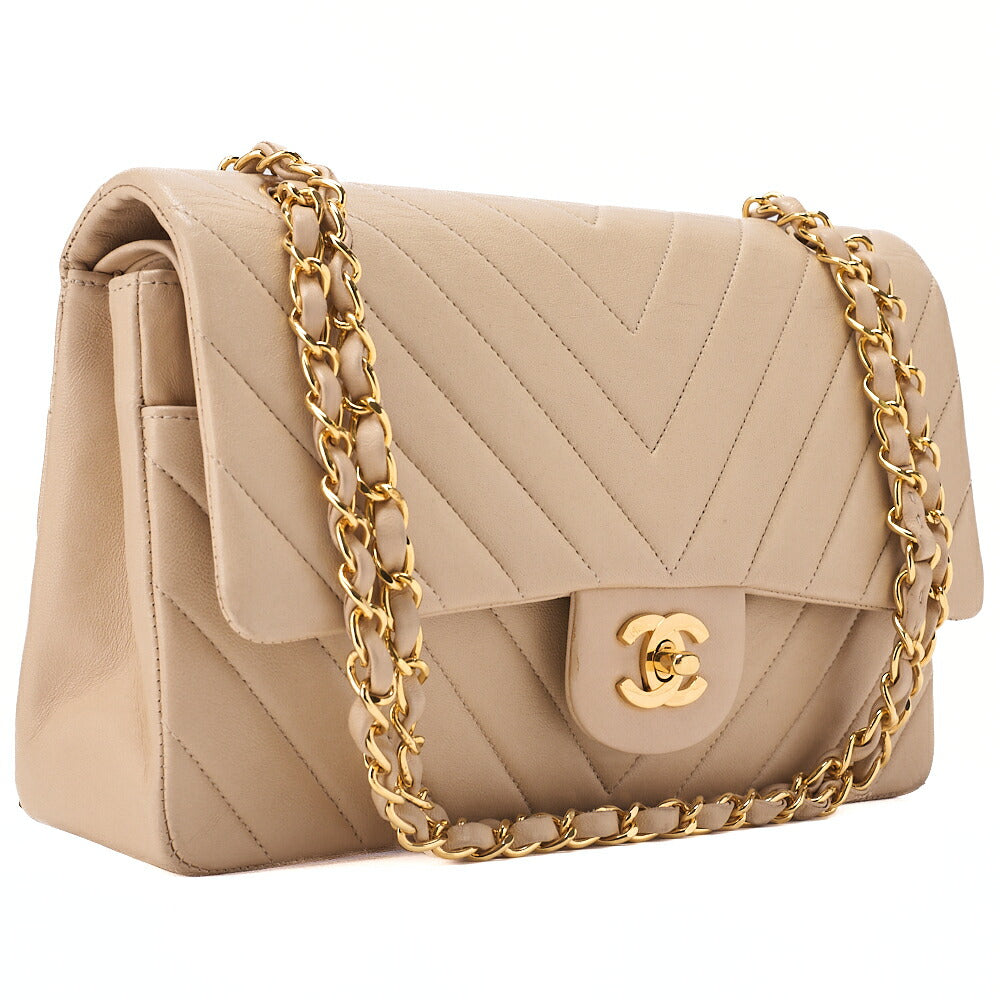 CHANEL Lambskin V Stitch W Flap 25cm Chain Shoulder Beige Gold-Tone Hardware, Pre-Owned