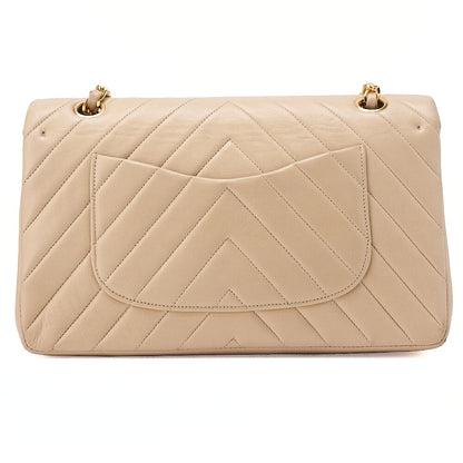 CHANEL Lambskin V Stitch W Flap 25cm Chain Shoulder Beige Gold-Tone Hardware, Pre-Owned