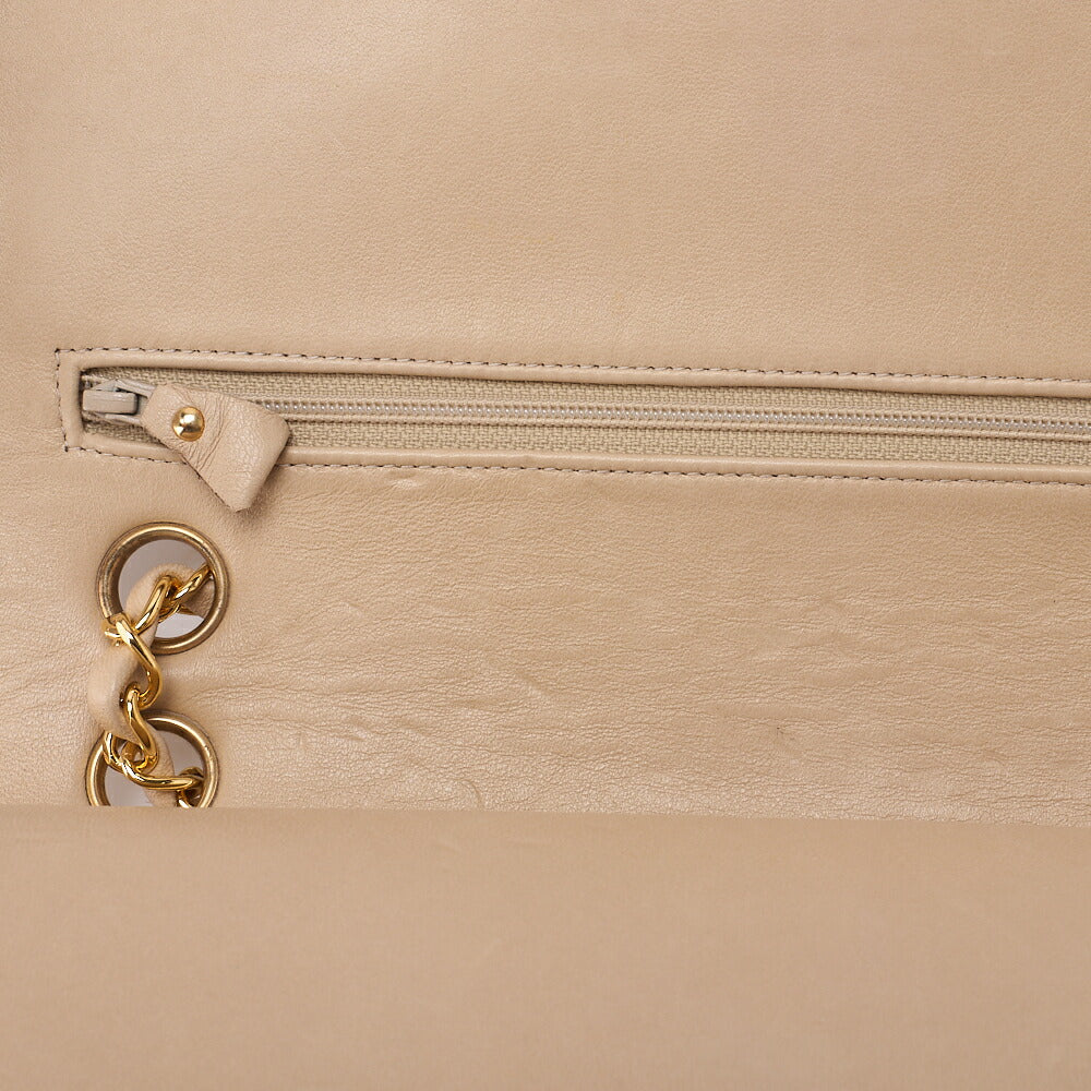 CHANEL Lambskin V Stitch W Flap 25cm Chain Shoulder Beige Gold-Tone Hardware, Pre-Owned