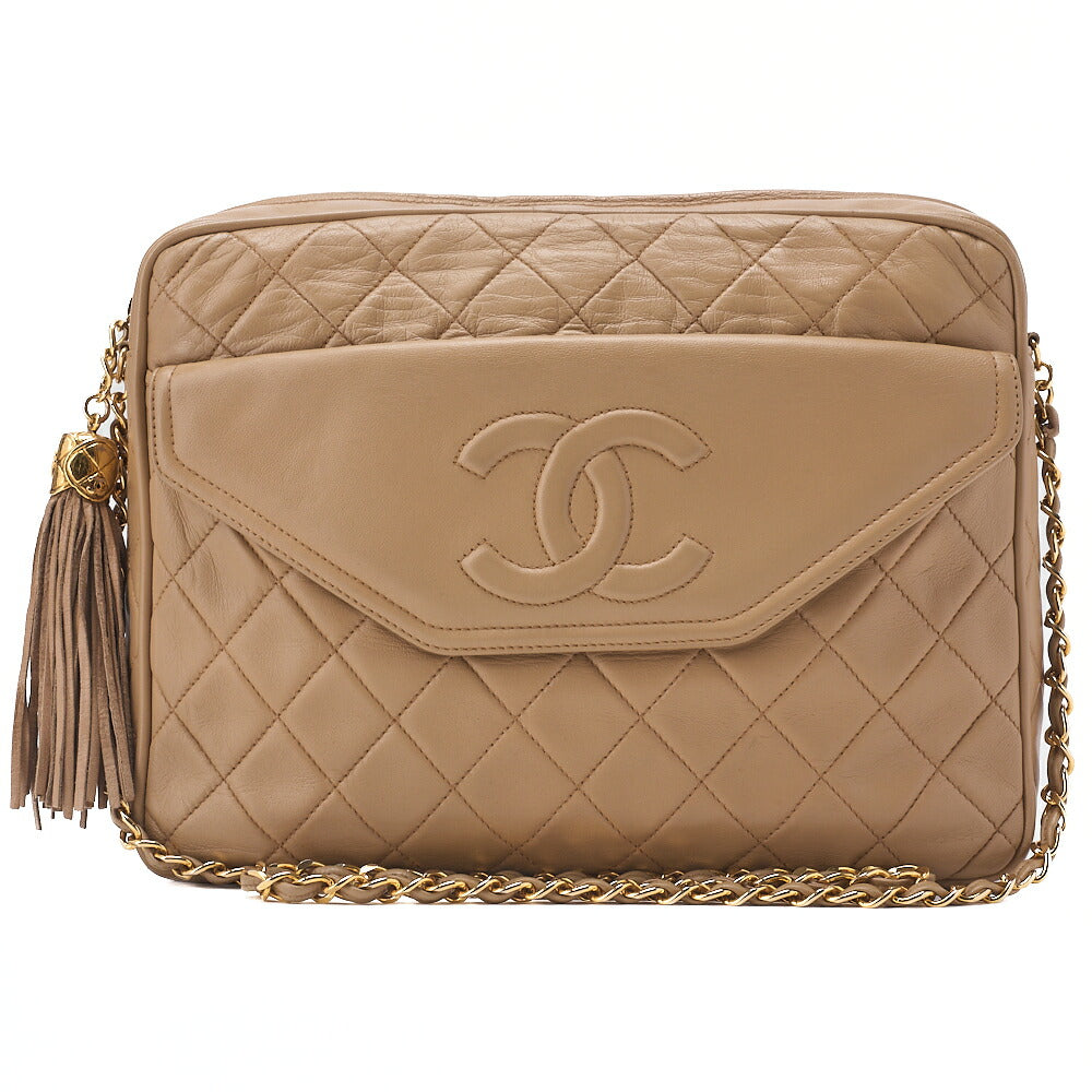 CHANEL Chain Shoulder Bag Matelasse Outside Flap Fringe Chain Shoulder Lambskin Beige Gold-Tone Hardware, Pre-Owned