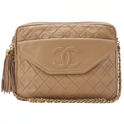 CHANEL Chain Shoulder Bag Matelasse Outside Flap Fringe Chain Shoulder Lambskin Beige Gold-Tone Hardware, Pre-Owned