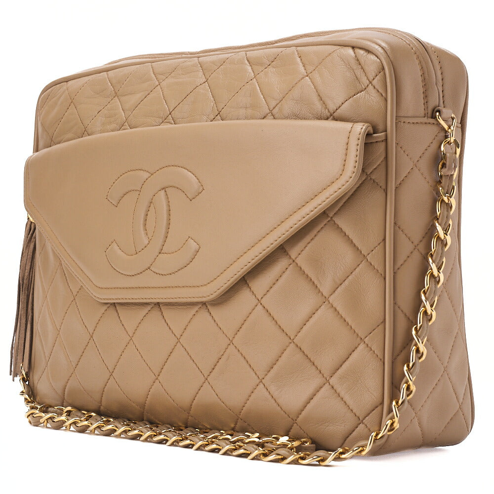 CHANEL Chain Shoulder Bag Matelasse Outside Flap Fringe Chain Shoulder Lambskin Beige Gold-Tone Hardware, Pre-Owned