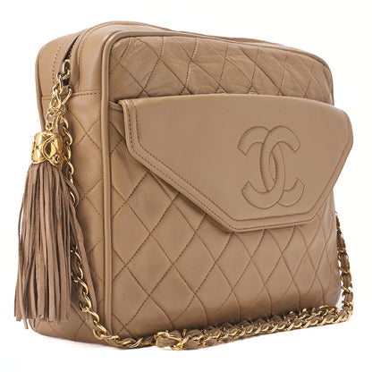 CHANEL Chain Shoulder Bag Matelasse Outside Flap Fringe Chain Shoulder Lambskin Beige Gold-Tone Hardware, Pre-Owned