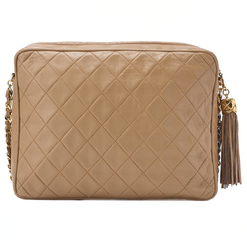 CHANEL Chain Shoulder Bag Matelasse Outside Flap Fringe Chain Shoulder Lambskin Beige Gold-Tone Hardware, Pre-Owned