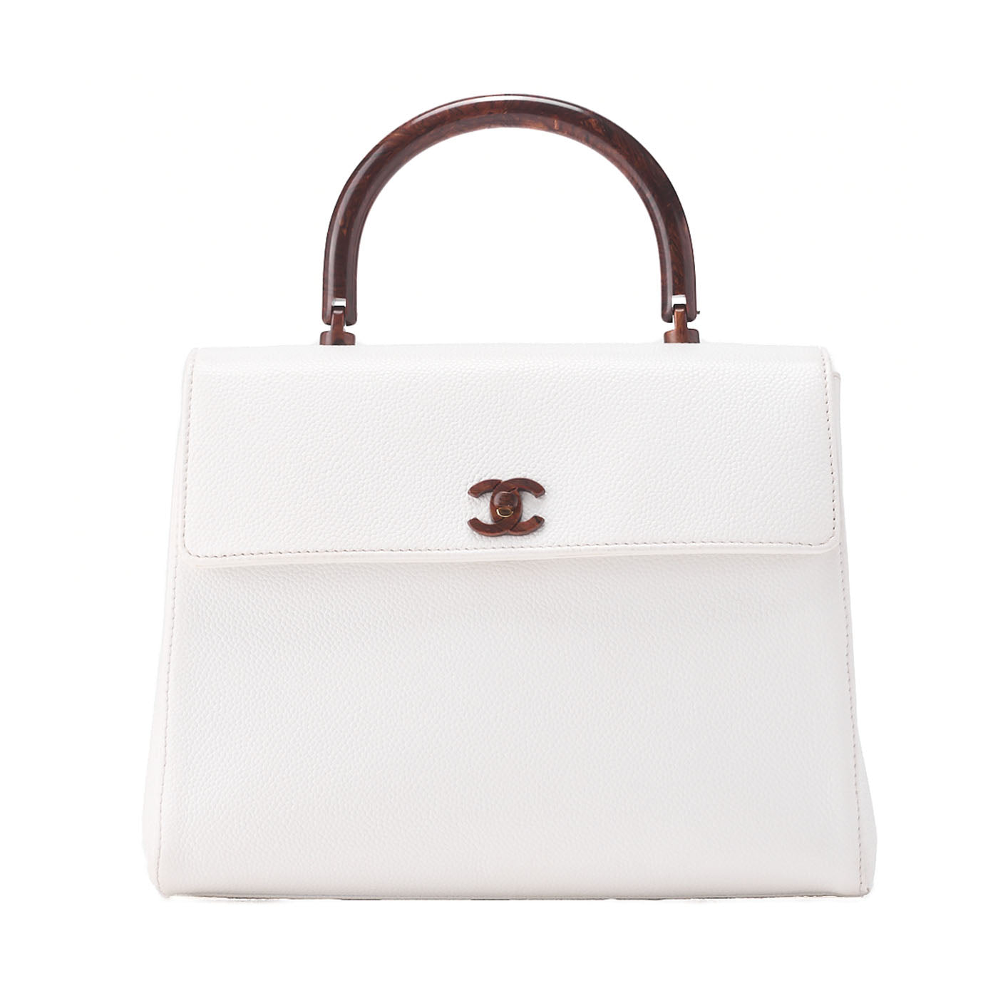 CHANEL Wood Handle Handbag Kelly Shape Wood Pattern Caviar Skin White Gold-Tone Hardware, Pre-Owned