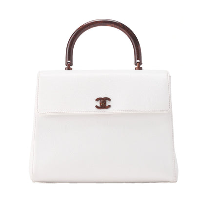 CHANEL Wood Handle Handbag Kelly Shape Wood Pattern Caviar Skin White Gold-Tone Hardware, Pre-Owned