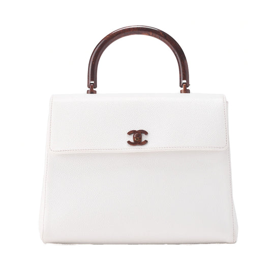 CHANEL Wood Handle Handbag Kelly Shape Wood Pattern Caviar Skin White Gold-Tone Hardware, Pre-Owned