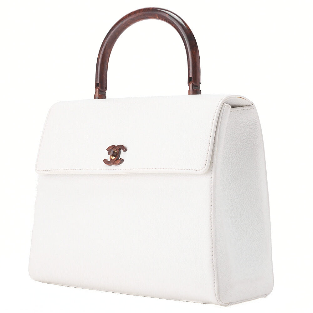 CHANEL Wood Handle Handbag Kelly Shape Wood Pattern Caviar Skin White Gold-Tone Hardware, Pre-Owned