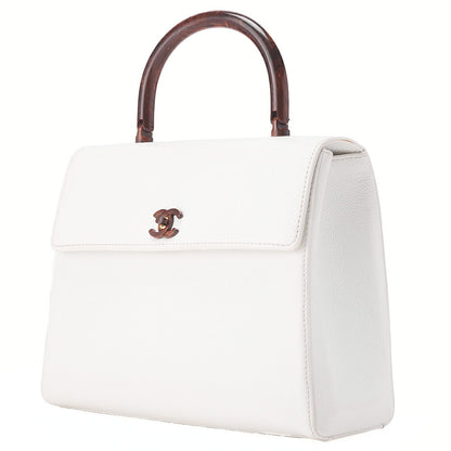 CHANEL Wood Handle Handbag Kelly Shape Wood Pattern Caviar Skin White Gold-Tone Hardware, Pre-Owned