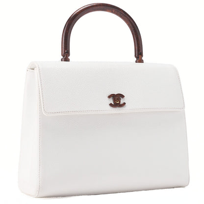 CHANEL Wood Handle Handbag Kelly Shape Wood Pattern Caviar Skin White Gold-Tone Hardware, Pre-Owned