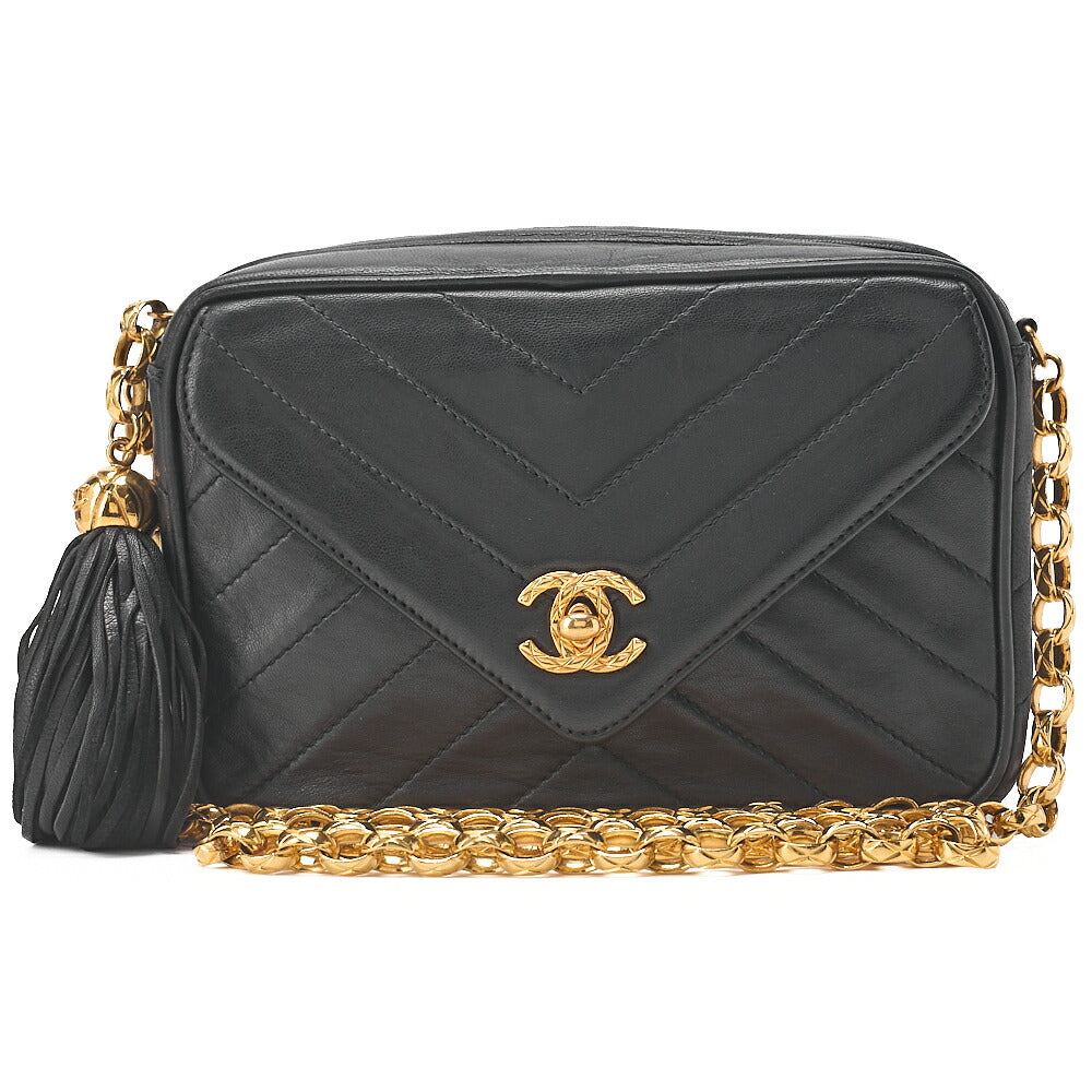 CHANEL Lambskin V-Stitch Flap Fringe Bijou Chain Shoulder Lambskin Black Gold-Tone Hardware, Pre-Owned