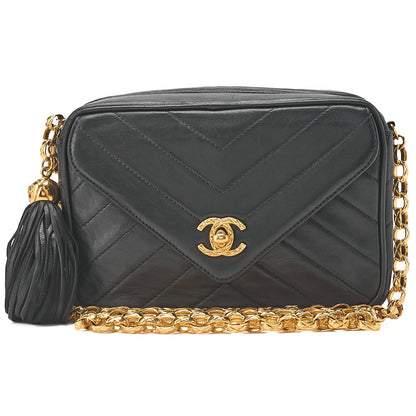 CHANEL Lambskin V-Stitch Flap Fringe Bijou Chain Shoulder Lambskin Black Gold-Tone Hardware, Pre-Owned