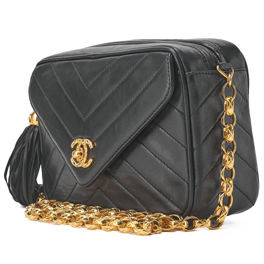 CHANEL Lambskin V-Stitch Flap Fringe Bijou Chain Shoulder Lambskin Black Gold-Tone Hardware, Pre-Owned