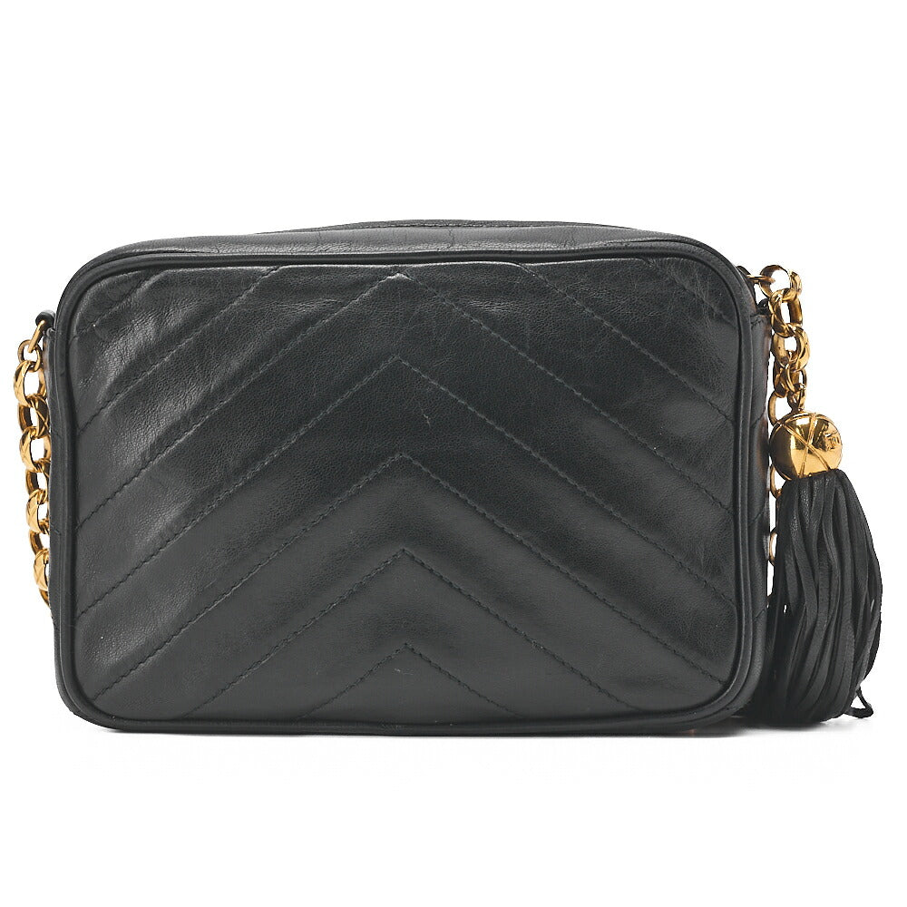 CHANEL Lambskin V-Stitch Flap Fringe Bijou Chain Shoulder Lambskin Black Gold-Tone Hardware, Pre-Owned