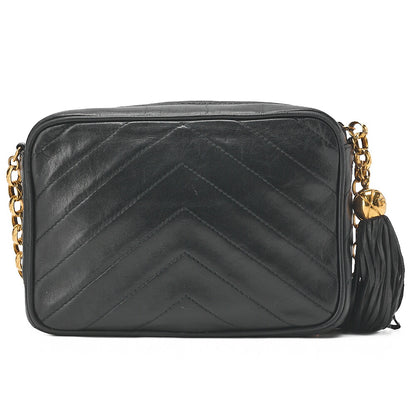 CHANEL Lambskin V-Stitch Flap Fringe Bijou Chain Shoulder Lambskin Black Gold-Tone Hardware, Pre-Owned