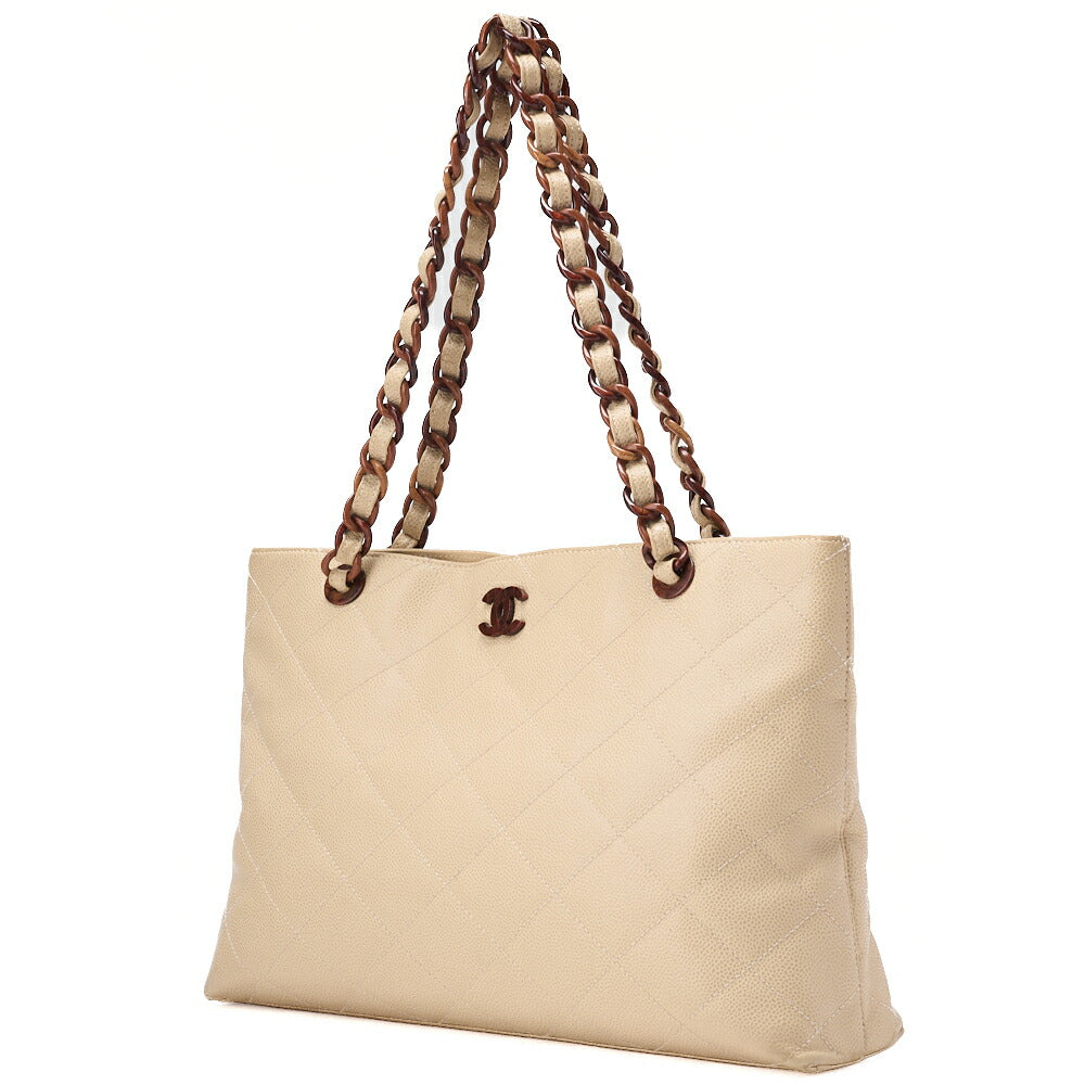 CHANEL Caviar Skin Tortoise Wood Chain Tote Bag Beige Gold-Tone Hardware, Pre-Owned