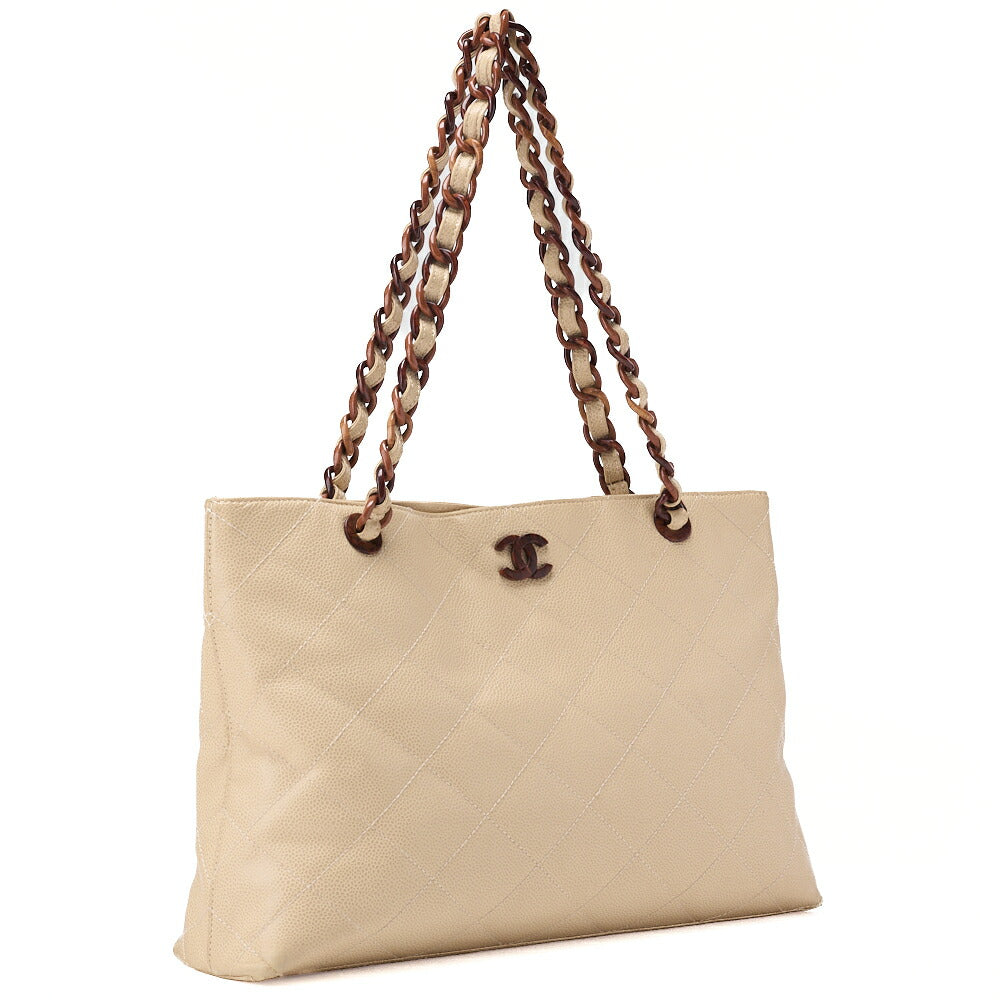 CHANEL Caviar Skin Tortoise Wood Chain Tote Bag Beige Gold-Tone Hardware, Pre-Owned