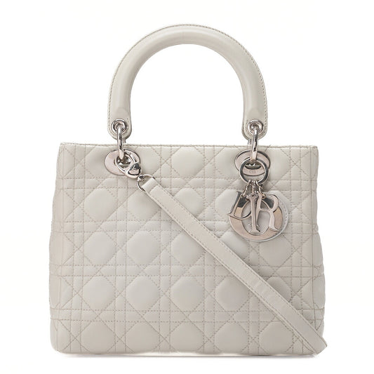 Dior Lady Dior Canage Handbag Lambskin Grey Silver-Tone Hardware, Pre-Owned