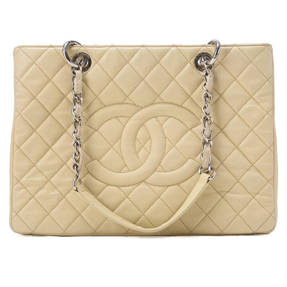 CHANEL Caviar Skin Coco Mark GST Tote Bag Double Chain Tote Beige Silver-Tone Hardware, Pre-Owned