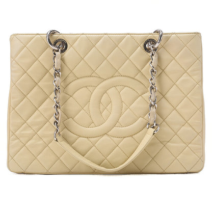 CHANEL Caviar Skin Coco Mark GST Tote Bag Double Chain Tote Beige Silver-Tone Hardware, Pre-Owned