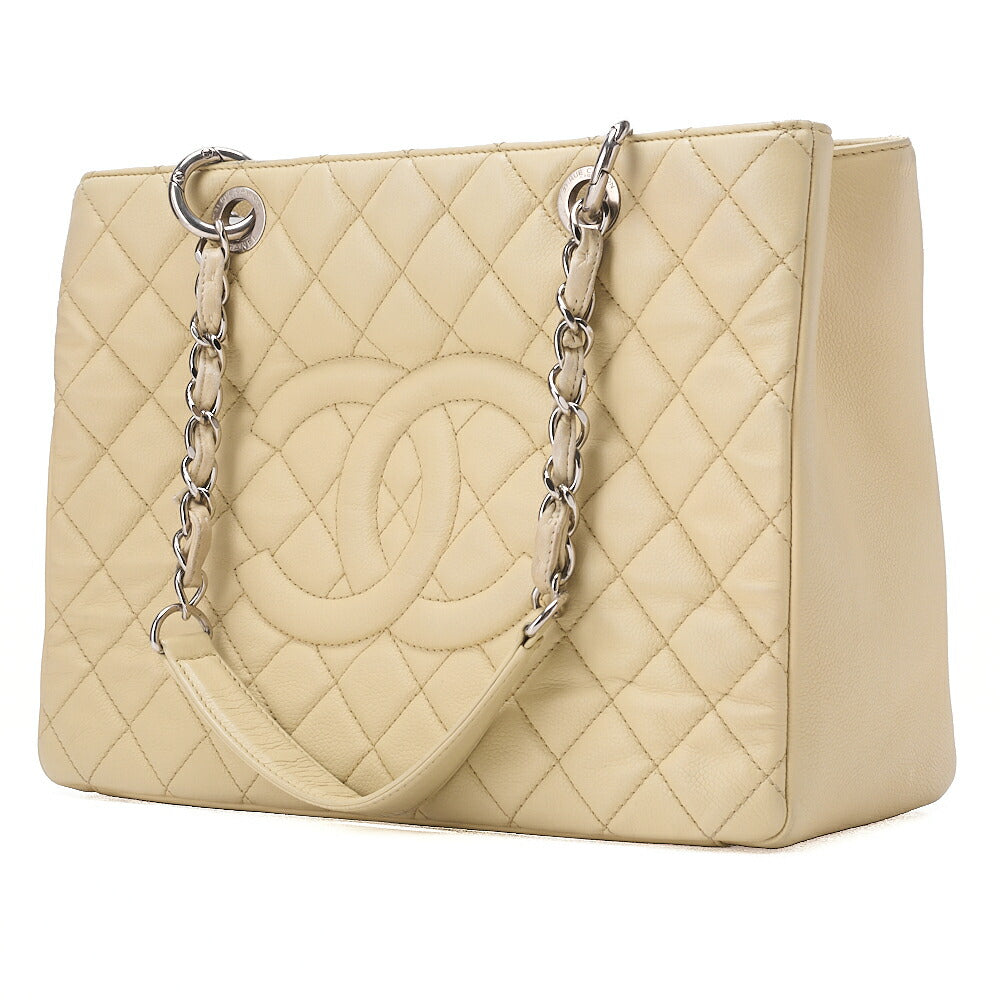 CHANEL Caviar Skin Coco Mark GST Tote Bag Double Chain Tote Beige Silver-Tone Hardware, Pre-Owned