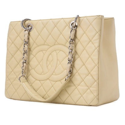 CHANEL Caviar Skin Coco Mark GST Tote Bag Double Chain Tote Beige Silver-Tone Hardware, Pre-Owned