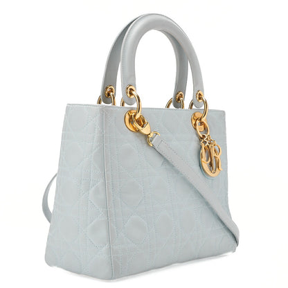Dior Lady Dior Canage Handbag Lambskin Light Blue Gold-Tone Hardware, Pre-Owned