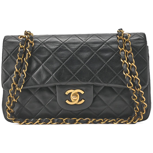 CHANEL Lambskin Matelasse W Flap 25 Chain Shoulder Black Gold-Tone Hardware, Pre-Owned