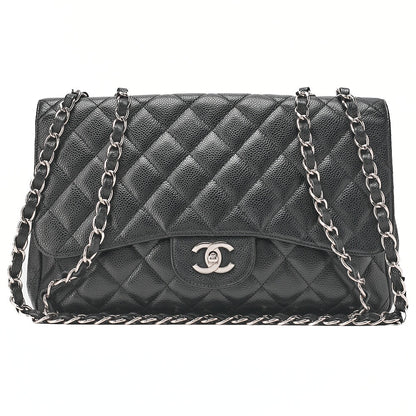 CHANEL Caviar Skin Deca Matelasse 30cm Double Flap Chain Shoulder Bag Black Silver-Tone Hardware, Pre-Owned