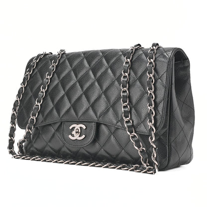CHANEL Caviar Skin Deca Matelasse 30cm Double Flap Chain Shoulder Bag Black Silver-Tone Hardware, Pre-Owned