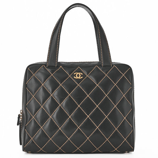 CHANEL Coco Mark Wild Stitch Handbag Calfskin Black Gold-Tone Hardware, Pre-Owned