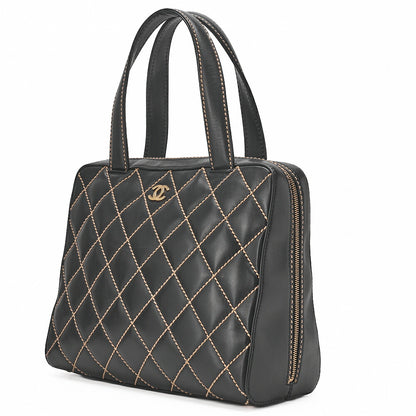 CHANEL Coco Mark Wild Stitch Handbag Calfskin Black Gold-Tone Hardware, Pre-Owned