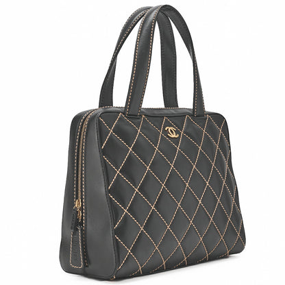 CHANEL Coco Mark Wild Stitch Handbag Calfskin Black Gold-Tone Hardware, Pre-Owned