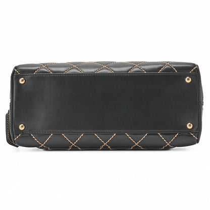 CHANEL Coco Mark Wild Stitch Handbag Calfskin Black Gold-Tone Hardware, Pre-Owned