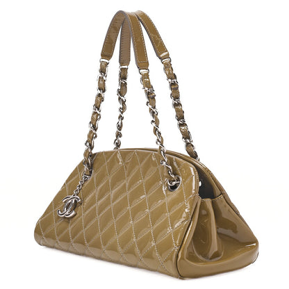 CHANEL Enamel Matelasse Boring Chain Shoulder Khaki Silver-Tone Hardware, Pre-Owned