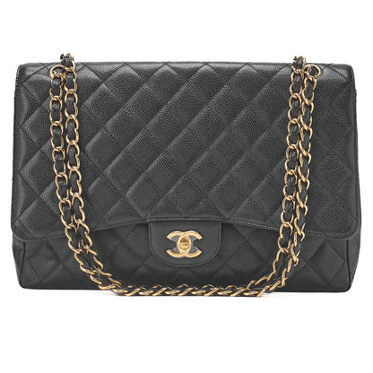 CHANEL Chain Shoulder Bag Deca Matasse Double Flap 32cm Caviar Skin Black Gold-Tone Hardware, Pre-Owned