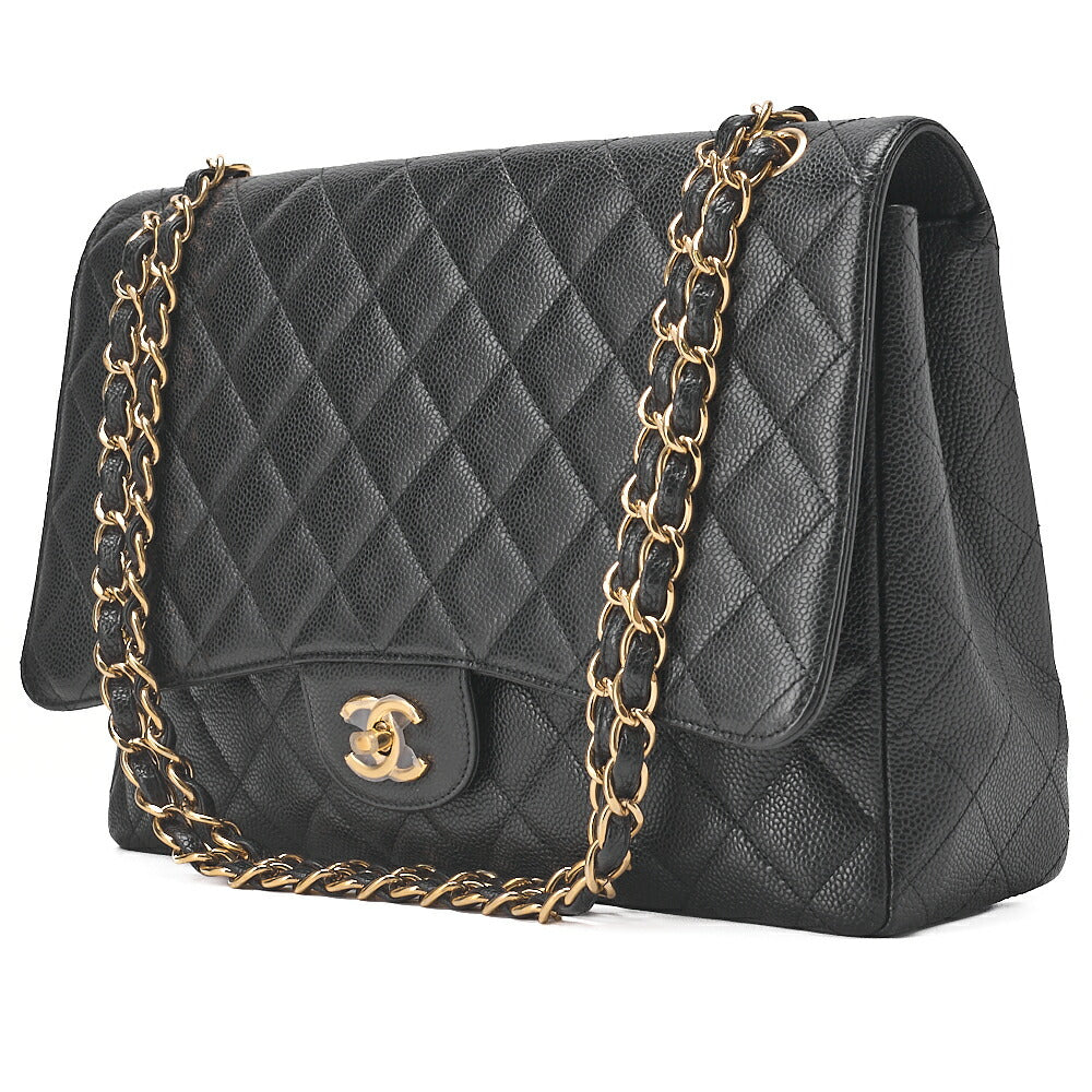 CHANEL Chain Shoulder Bag Deca Matasse Double Flap 32cm Caviar Skin Black Gold-Tone Hardware, Pre-Owned