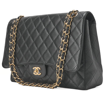 CHANEL Chain Shoulder Bag Deca Matasse Double Flap 32cm Caviar Skin Black Gold-Tone Hardware, Pre-Owned