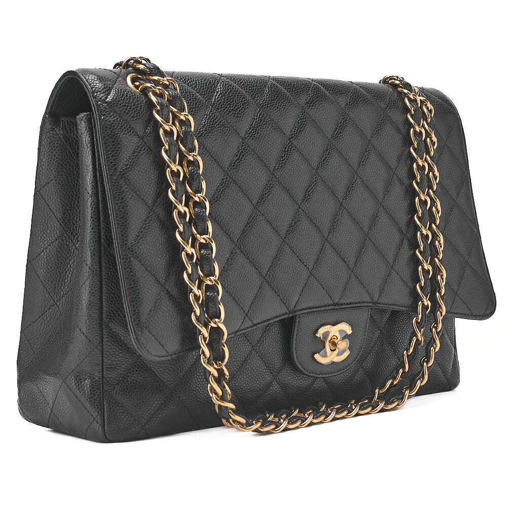 CHANEL Chain Shoulder Bag Deca Matasse Double Flap 32cm Caviar Skin Black Gold-Tone Hardware, Pre-Owned