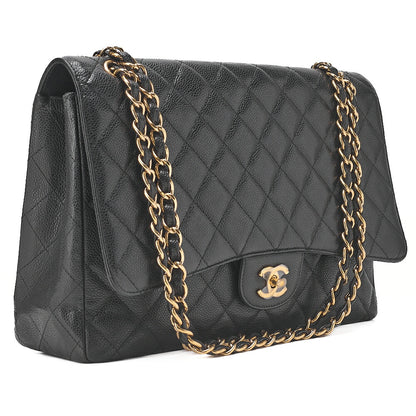 CHANEL Chain Shoulder Bag Deca Matasse Double Flap 32cm Caviar Skin Black Gold-Tone Hardware, Pre-Owned
