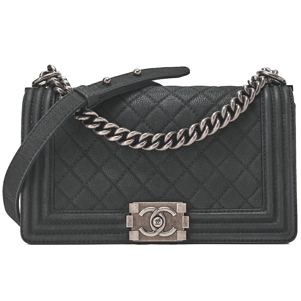 CHANEL Boy Chanel Matelasse Chain Shoulder Bag Soft Caviar Skin Black Silver-Tone Hardware, Pre-Owned