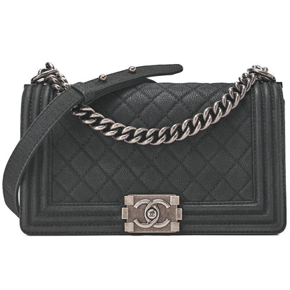 CHANEL Boy Chanel Matelasse Chain Shoulder Bag Soft Caviar Skin Black Silver-Tone Hardware, Pre-Owned