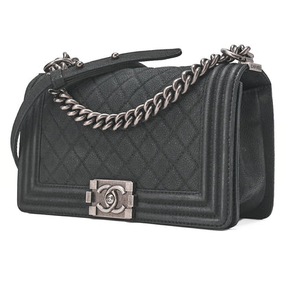 CHANEL Boy Chanel Matelasse Chain Shoulder Bag Soft Caviar Skin Black Silver-Tone Hardware, Pre-Owned