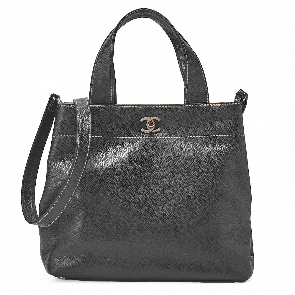 CHANEL Matelasse Tote Bag Handbag 2way Cocomark Caviar Skin Black Silver-Tone Hardware, Pre-Owned
