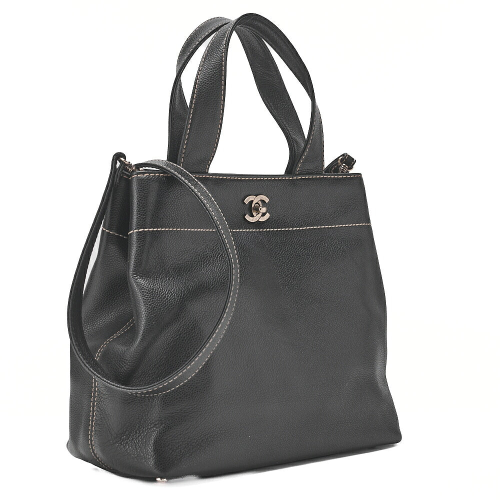 CHANEL Matelasse Tote Bag Handbag 2way Cocomark Caviar Skin Black Silver-Tone Hardware, Pre-Owned