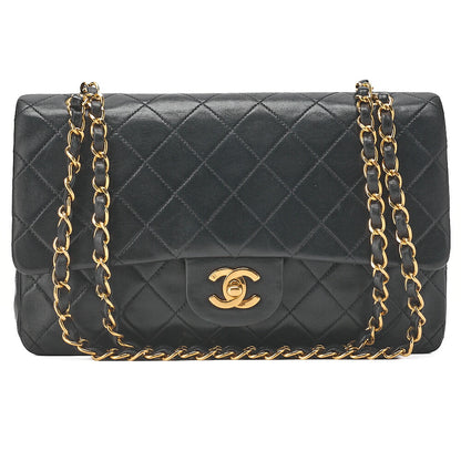 CHANEL Lambskin Matelasse W Flap 25 Chain Shoulder Black Gold-Tone Hardware, Pre-Owned