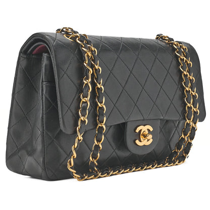 CHANEL Lambskin Matelasse W Flap 25 Chain Shoulder Black Gold-Tone Hardware, Pre-Owned