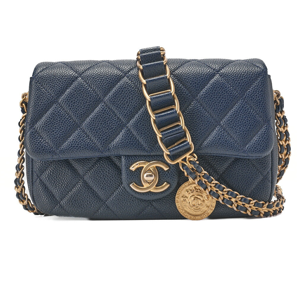 CHANEL Caviar Skin Mini Matelasse 19cm Single Chain Shoulder Navy Gold-Tone Hardware, Pre-Owned