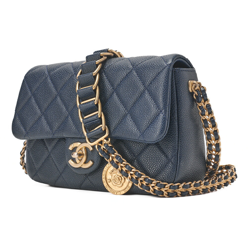 CHANEL Caviar Skin Mini Matelasse 19cm Single Chain Shoulder Navy Gold-Tone Hardware, Pre-Owned